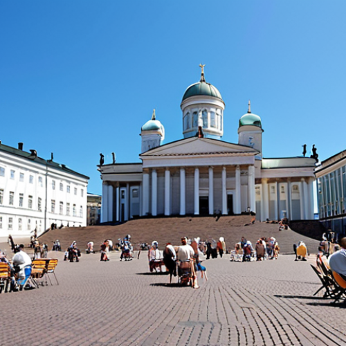 Home 11 **Senate Square, Helsinki:** A wide-angle shot of Senate Square in Helsinki on a sunny summer day. Capture the Helsinki Cathedral prominently, along with the Government Palace and Helsinki University buildings surrounding the square. Show people enjoying the square, perhaps sitting at outdoor cafes. The overall atmosphere should be vibrant and historically rich.